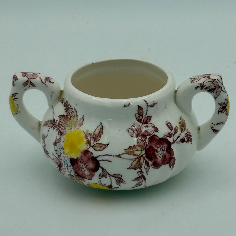 Vintage Hand Painted Japan Floral Ceramic Sugar Bowl Double Handle Cottagecore